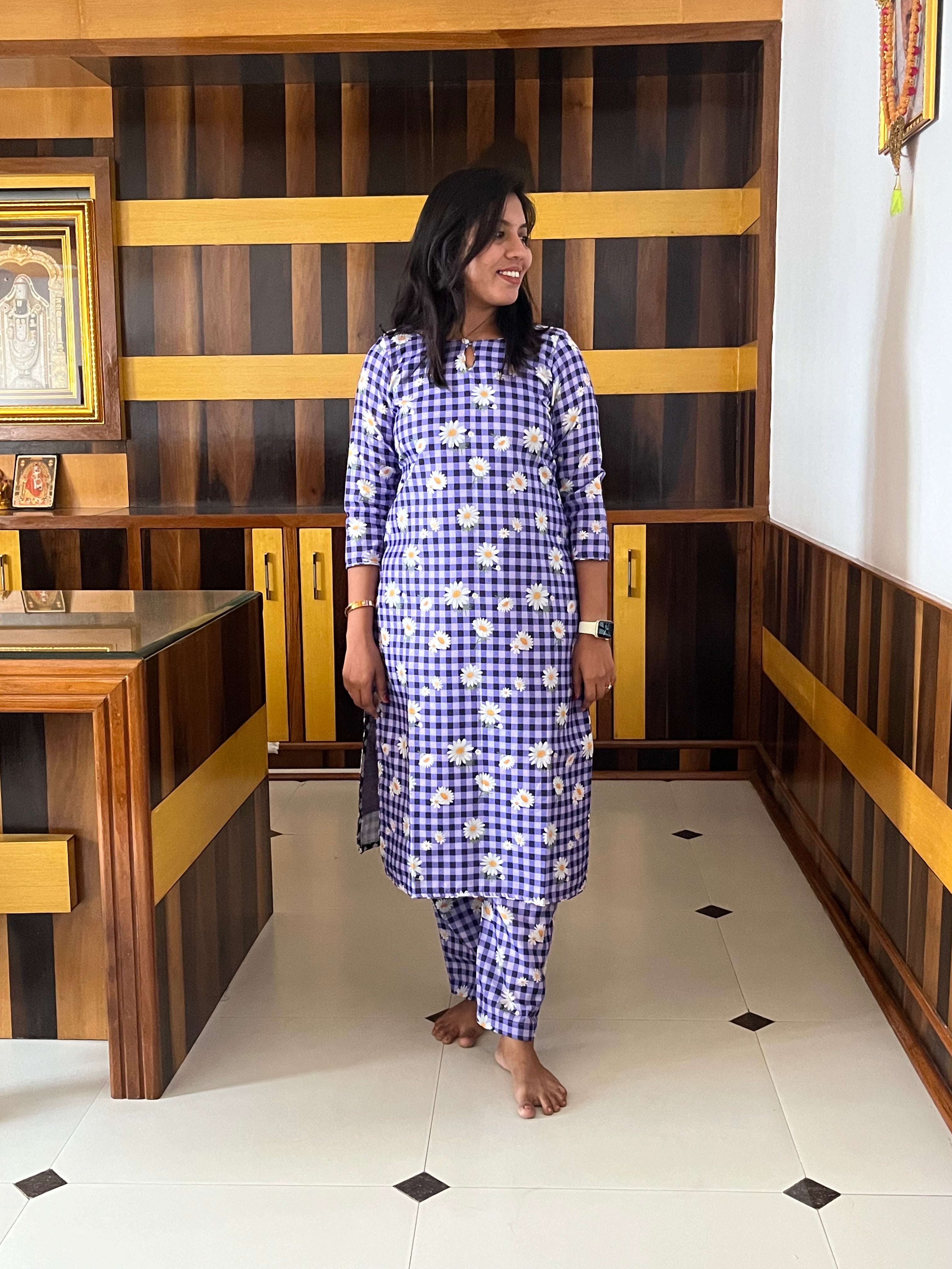 Purple Checked Cotton Co-Ord Set
