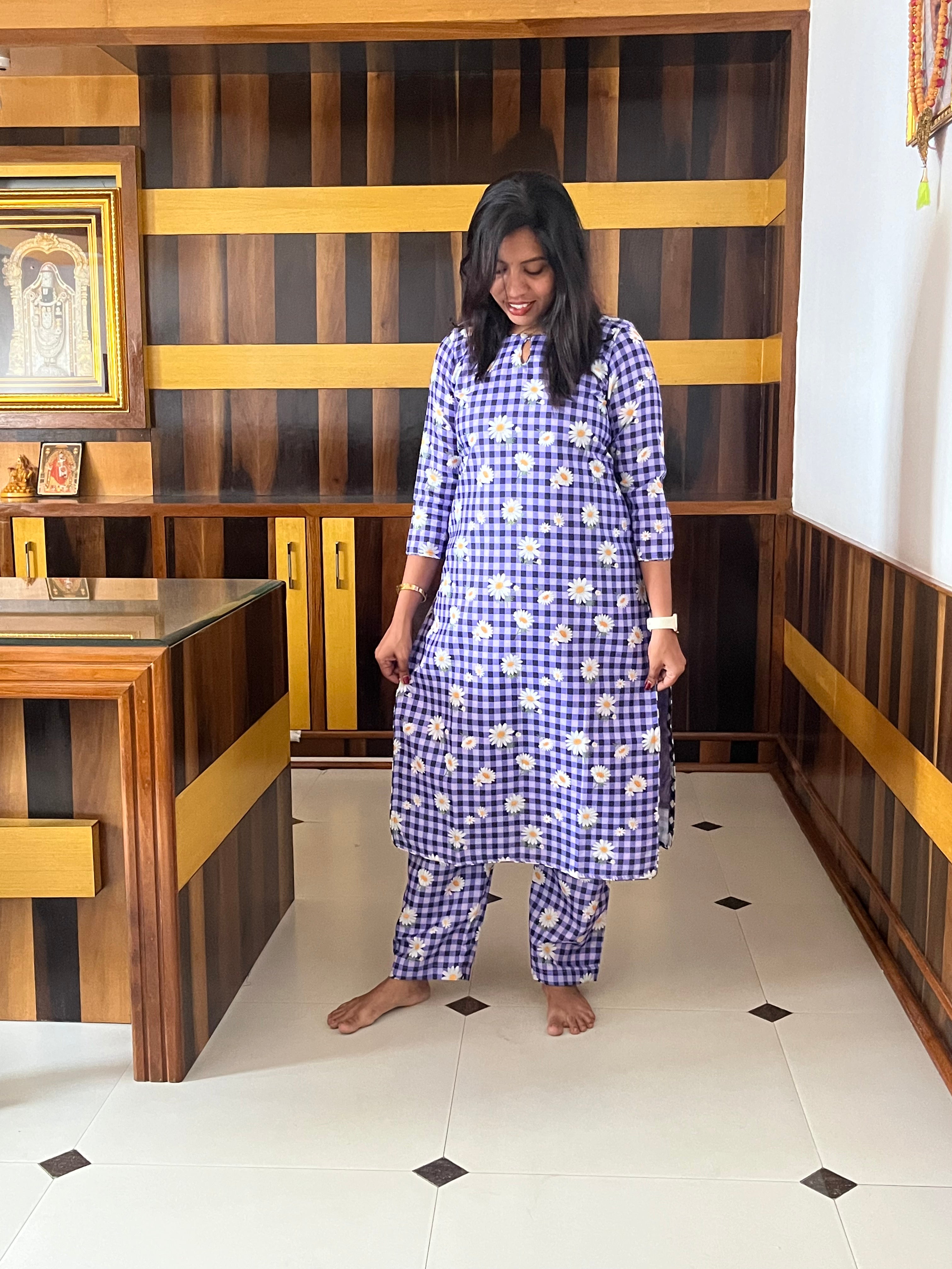 Purple Checked Cotton Co-Ord Set