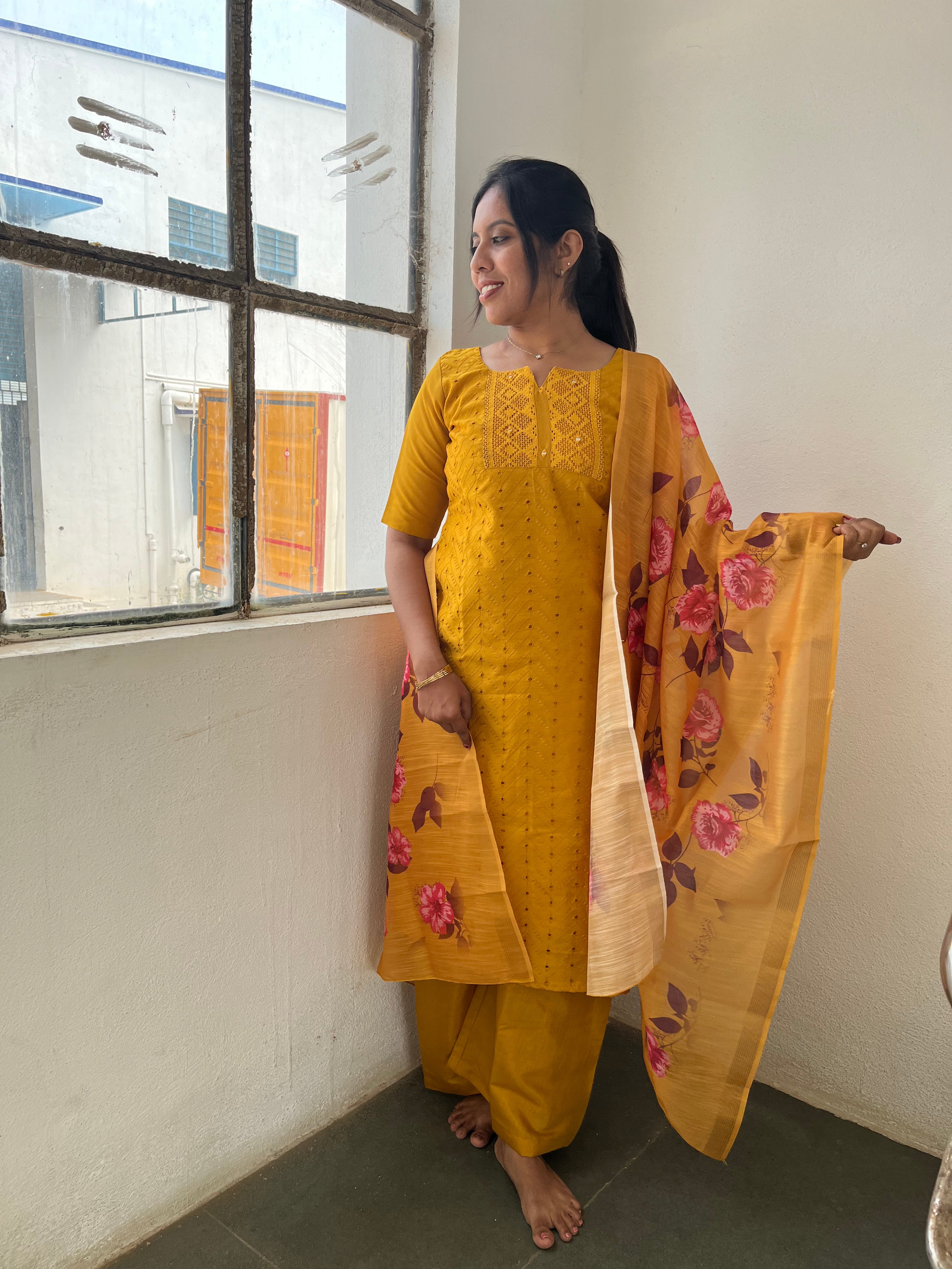 Sunlit Mustard Kurta & Floral Dupatta Set