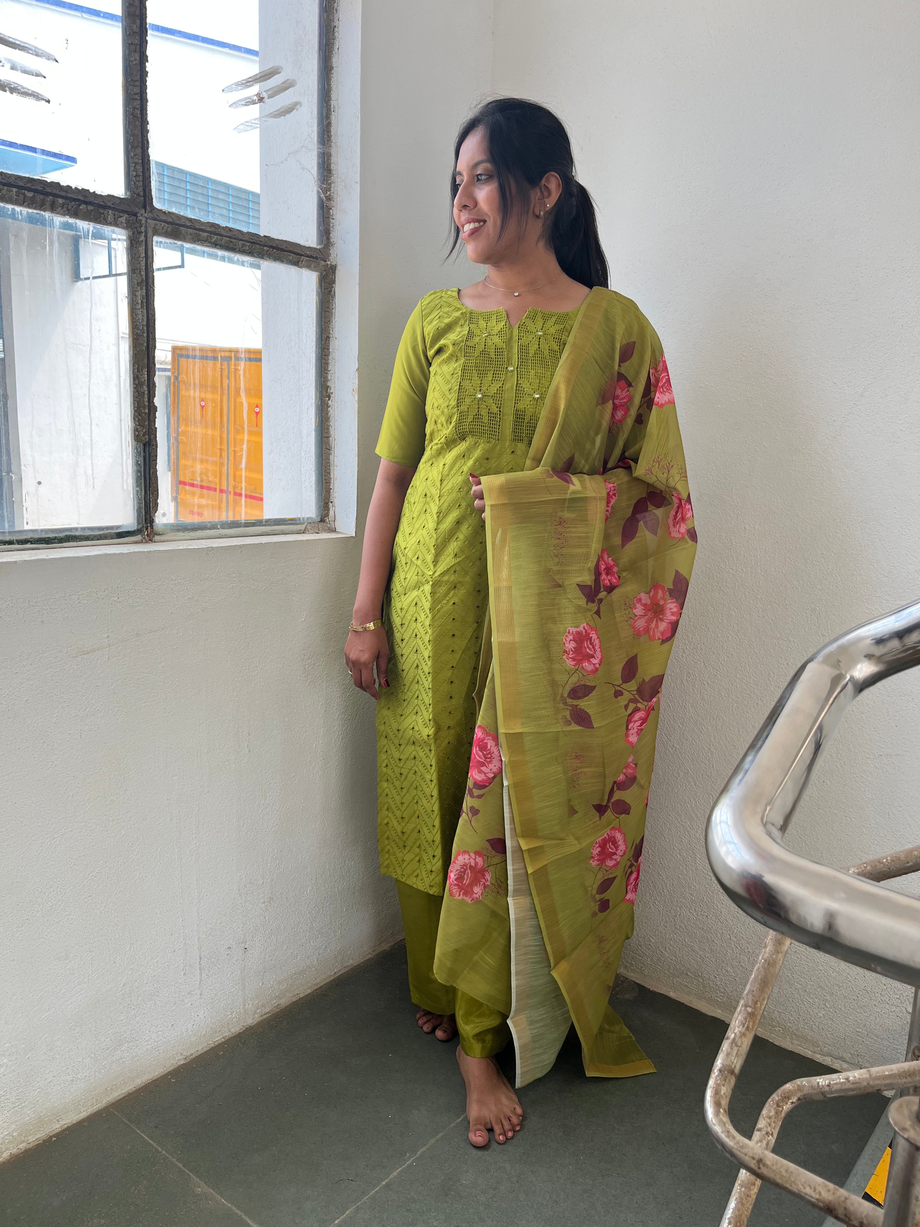 Olive Green Kurti & Floral Dupatta Set