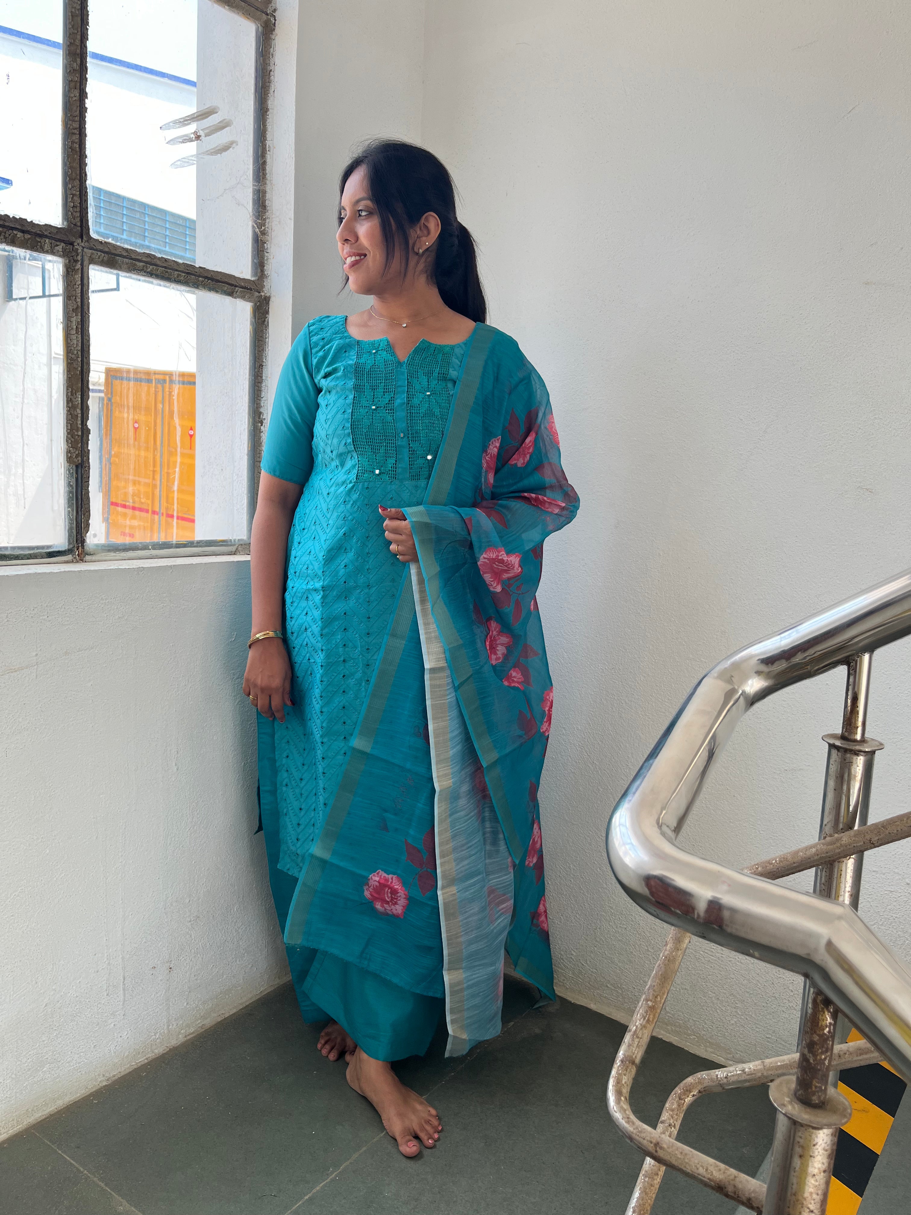 Blue Kurti & Floral Dupatta Set