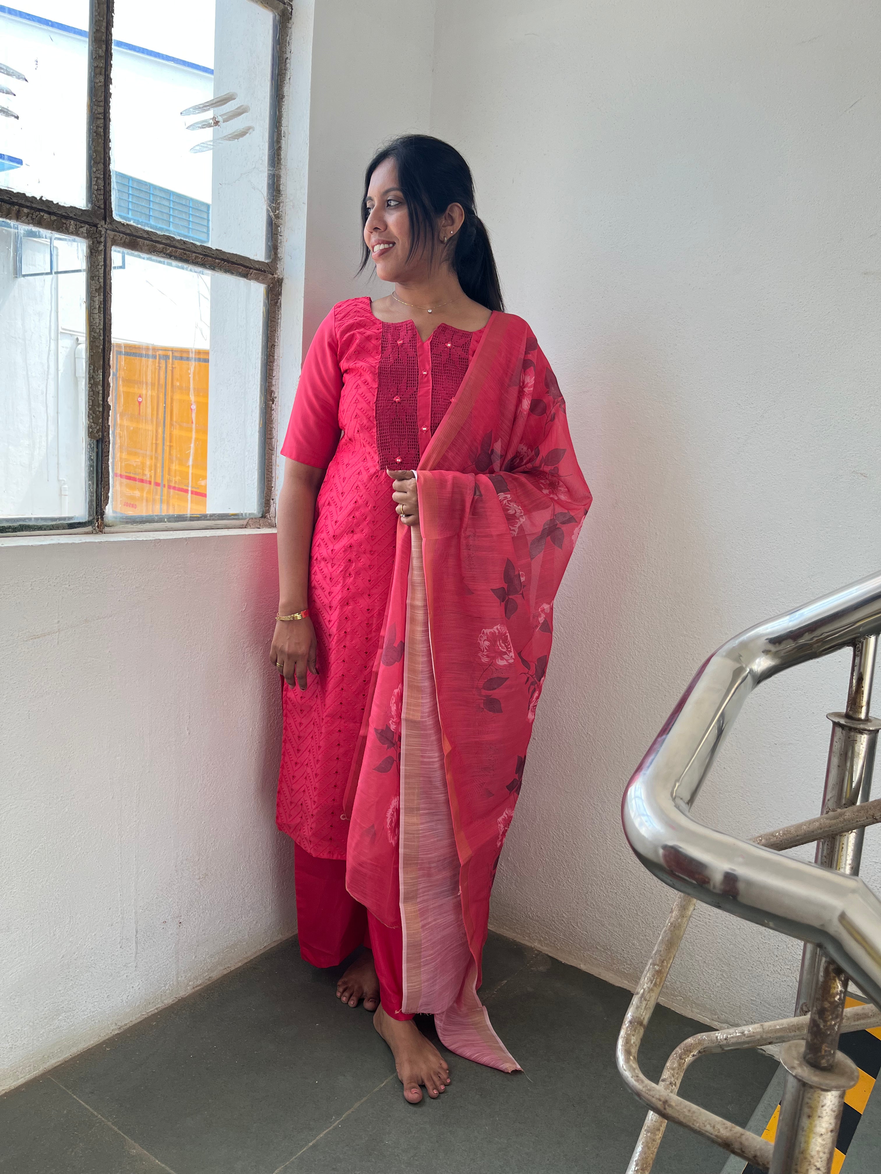 Pink Kurti & Floral Dupatta Set
