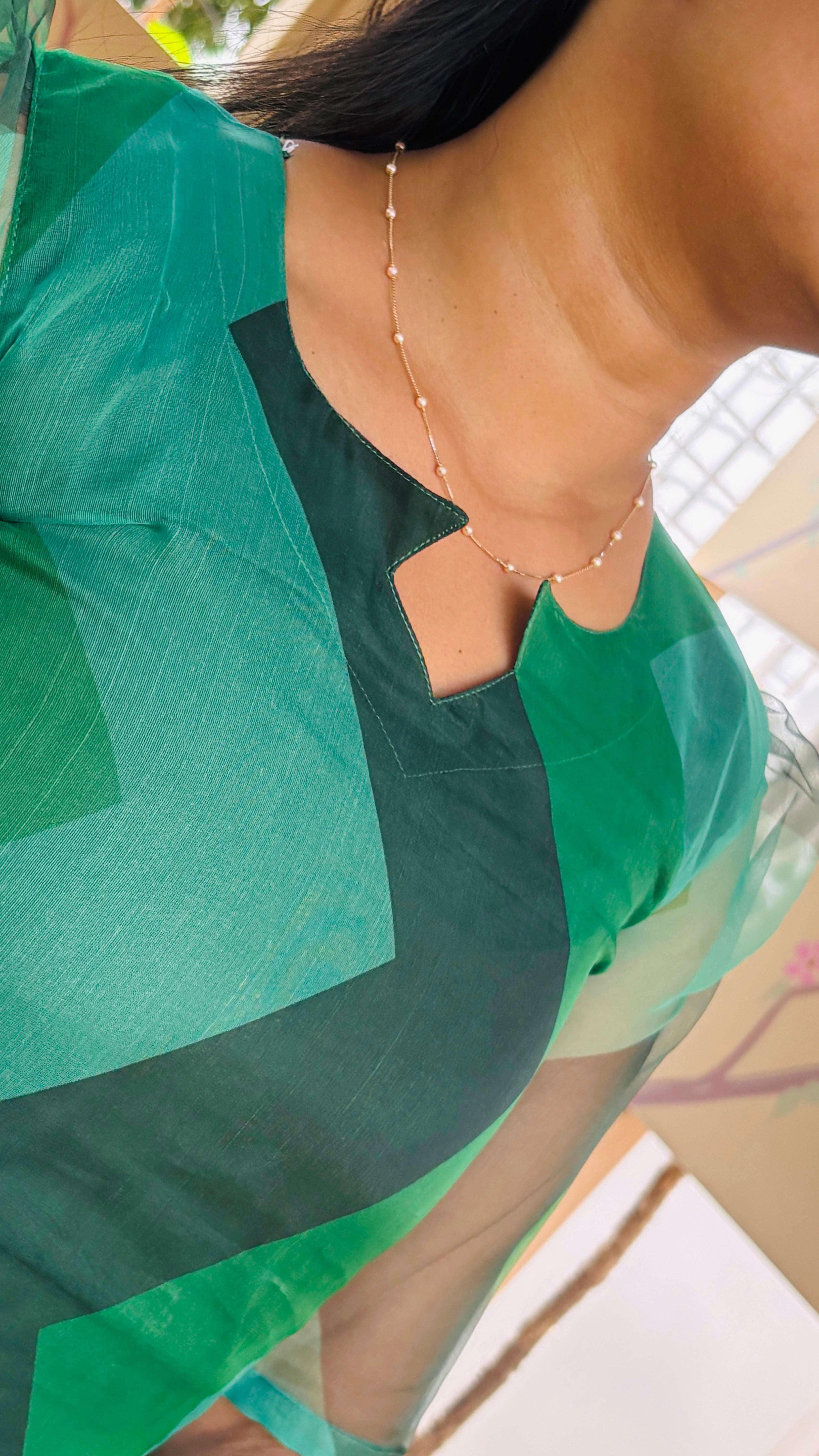 Green With Black Print Organza Kurti