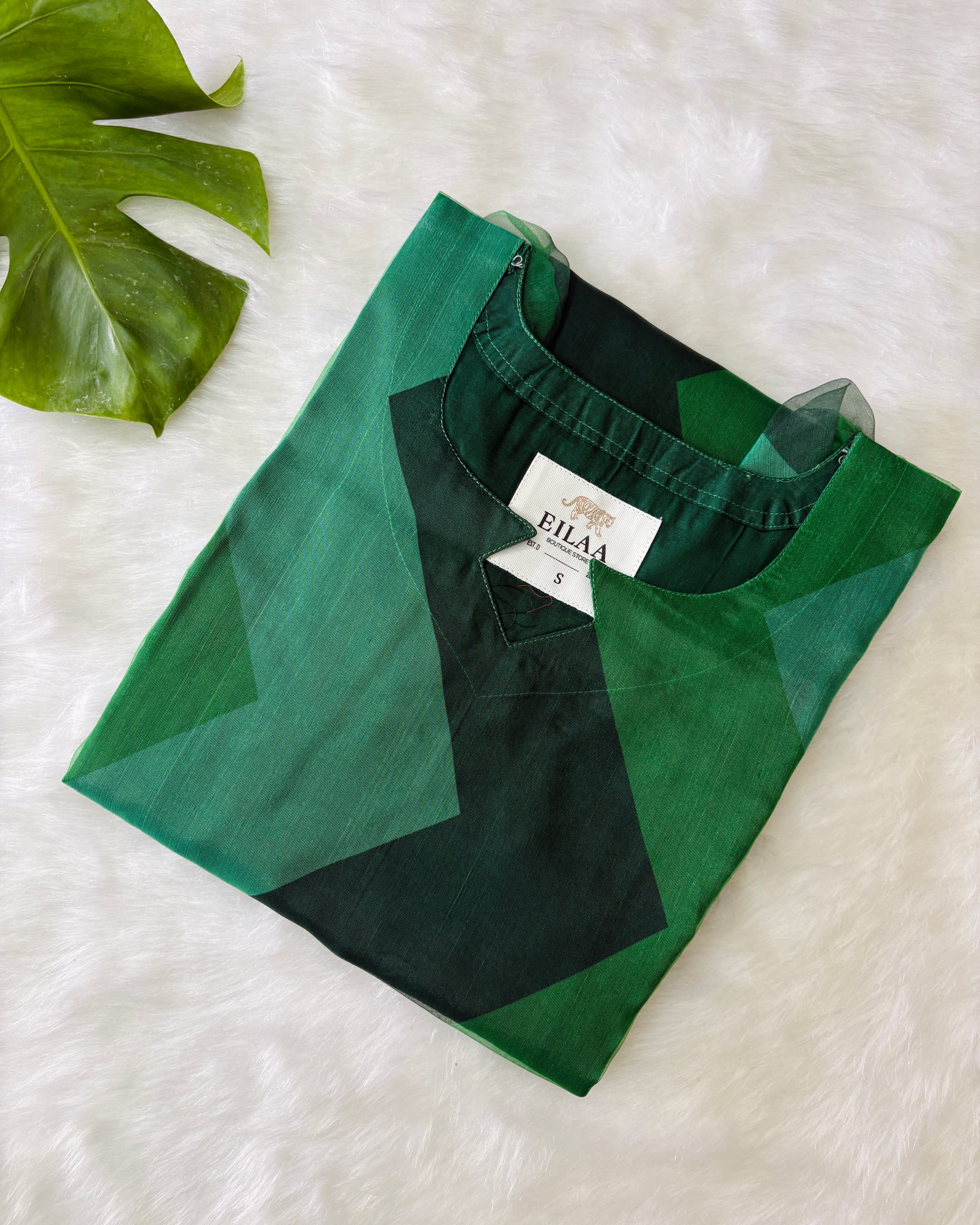 Green With Black Print Organza Kurti