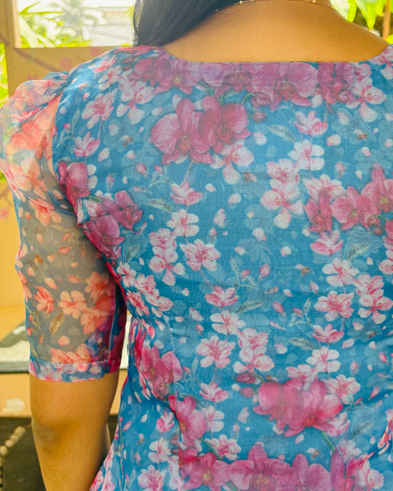 Blue Floral Organza Kurti