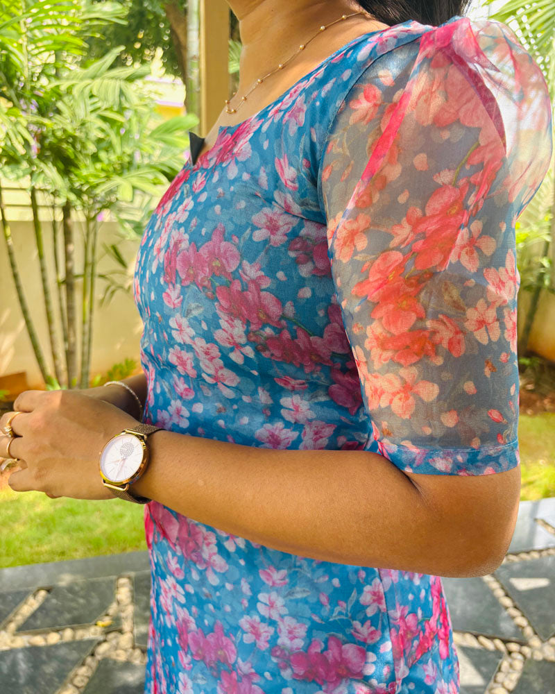 Blue Floral Organza Kurti