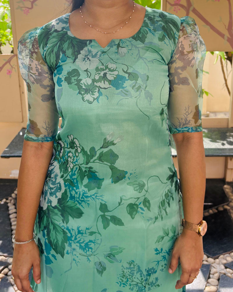 Green Floral Printed Organza Kurti