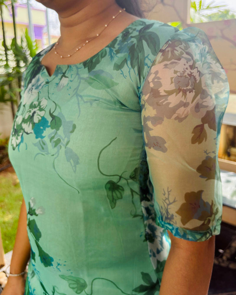 Green Floral Printed Organza Kurti
