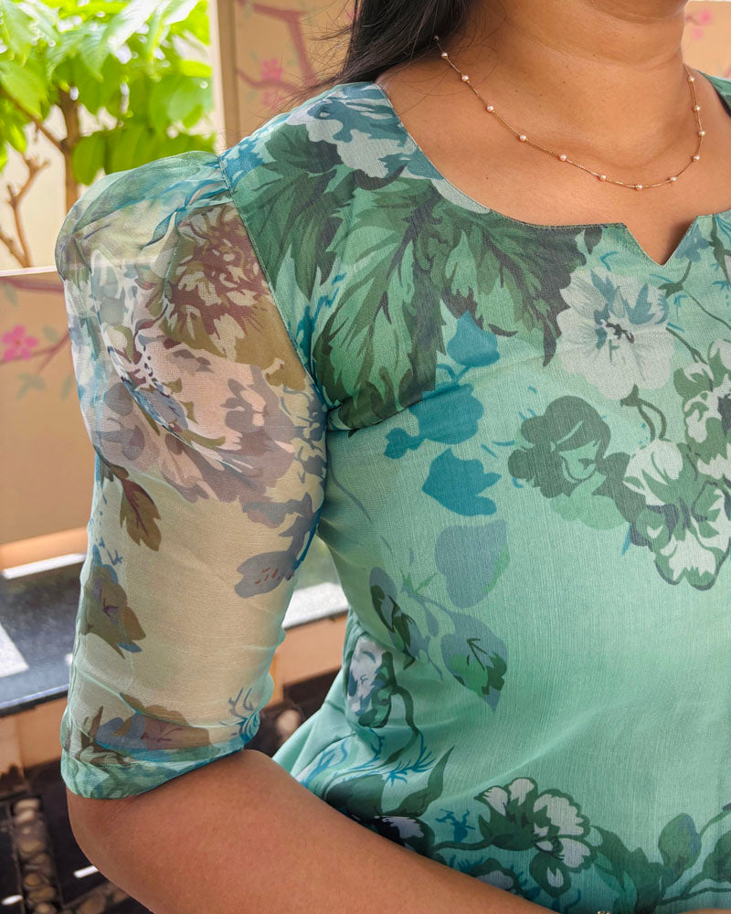 Green Floral Printed Organza Kurti