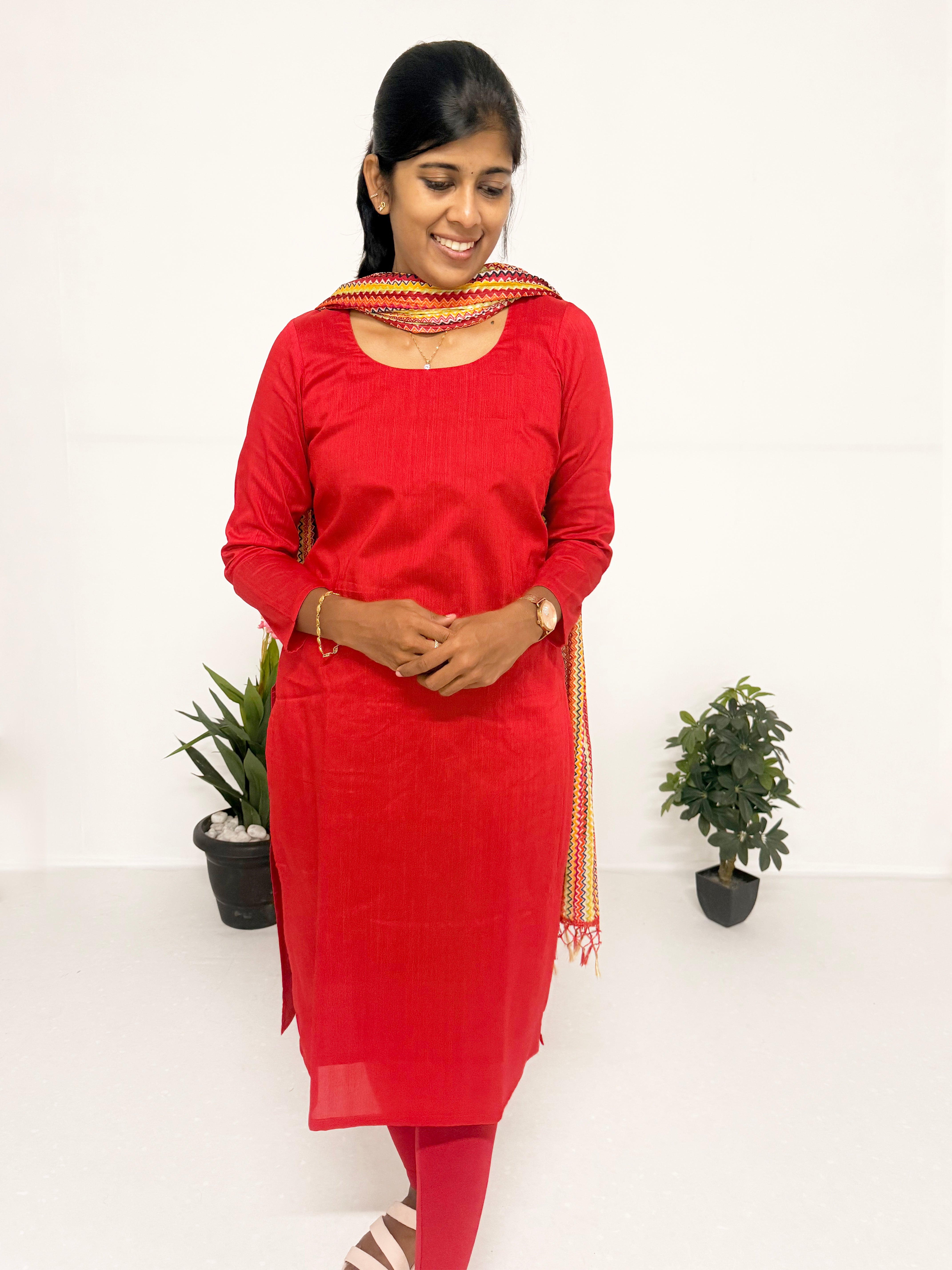 Bright Red Cotton Kurti Set with Multi-Colour Dupatta