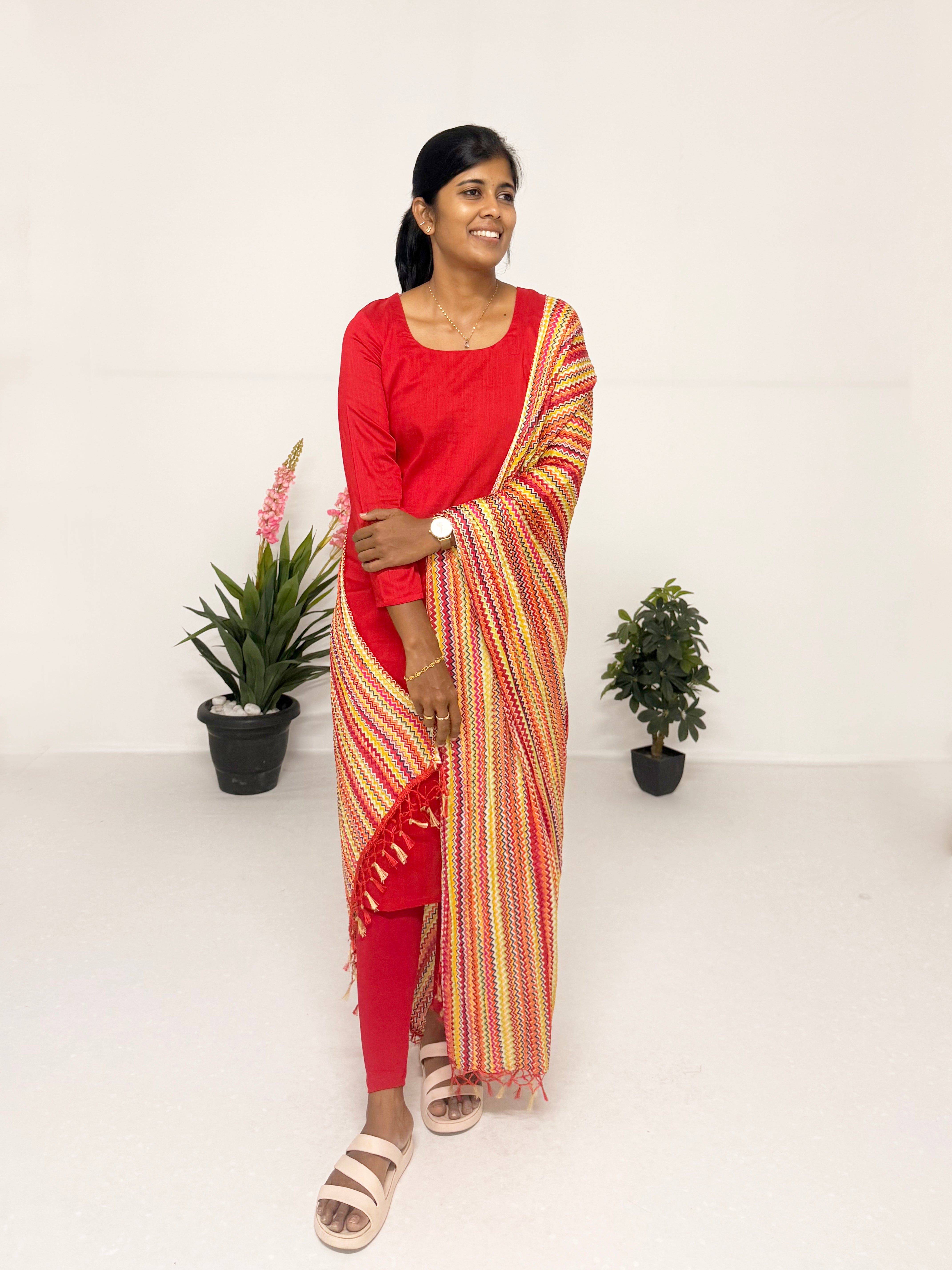 Bright Red Cotton Kurti Set with Multi-Colour Dupatta