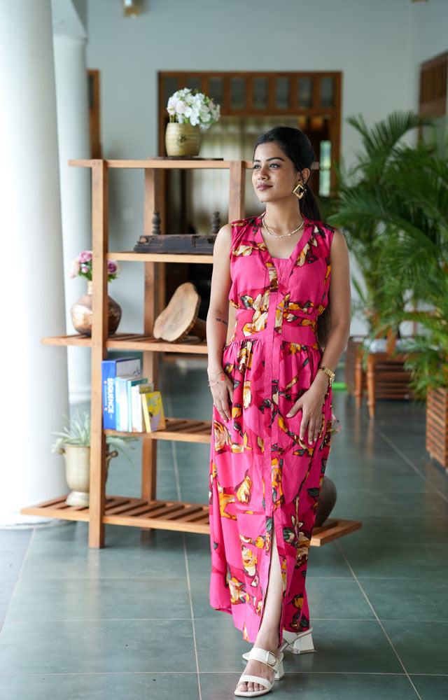 Pink Sleeveless Floral Maxi Dress