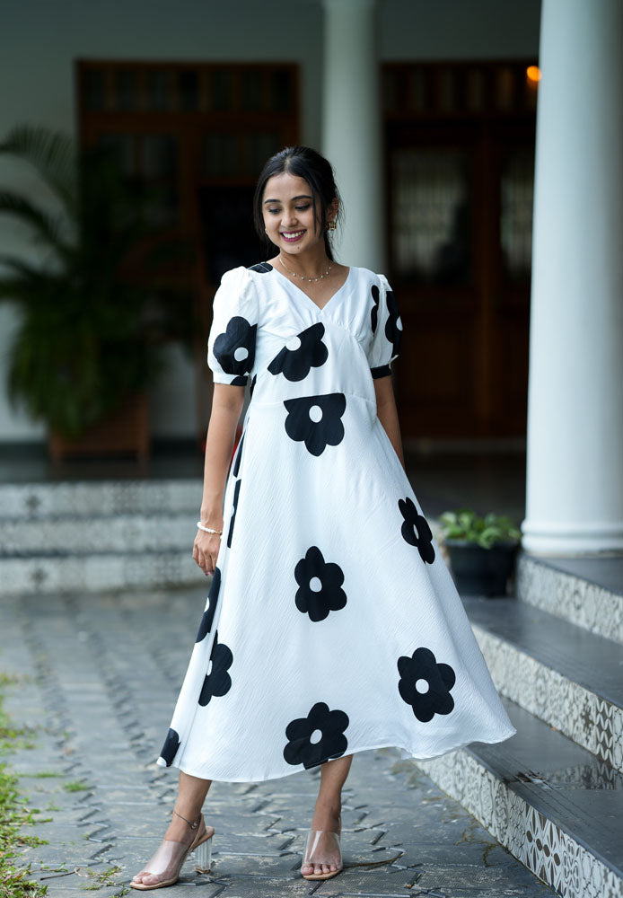 White With Black Floral Dress