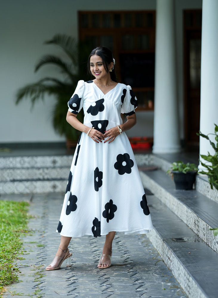 White With Black Floral Dress