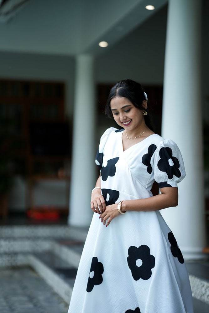 White With Black Floral Dress