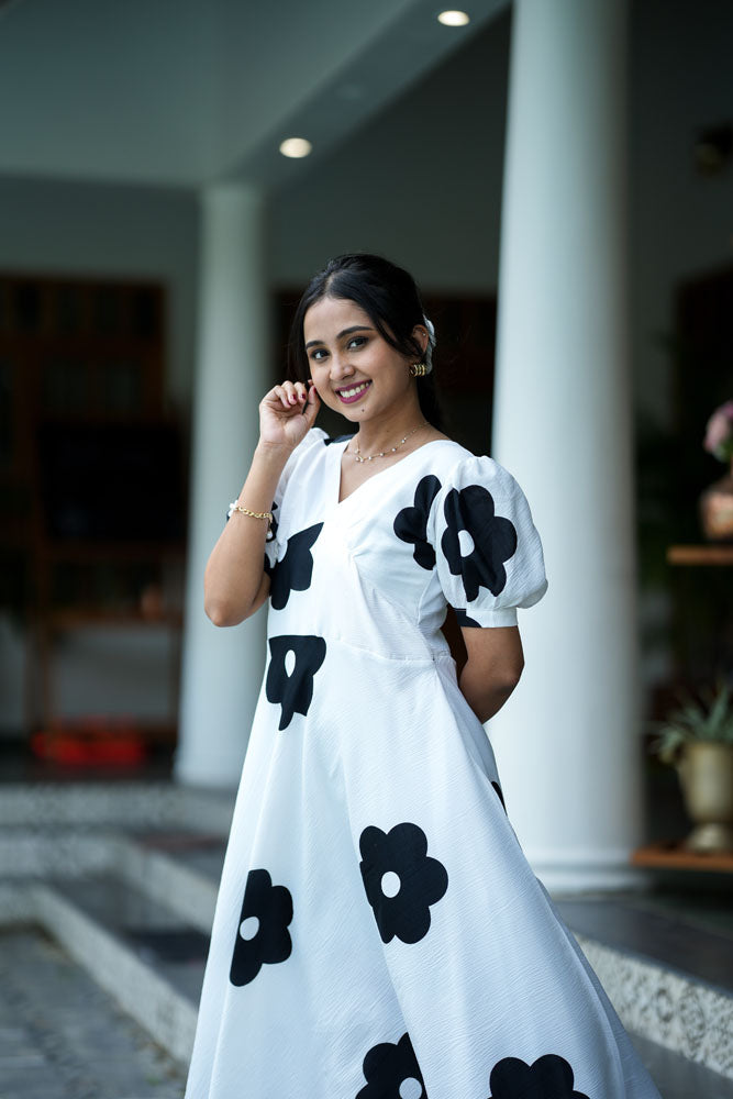 White With Black Floral Dress