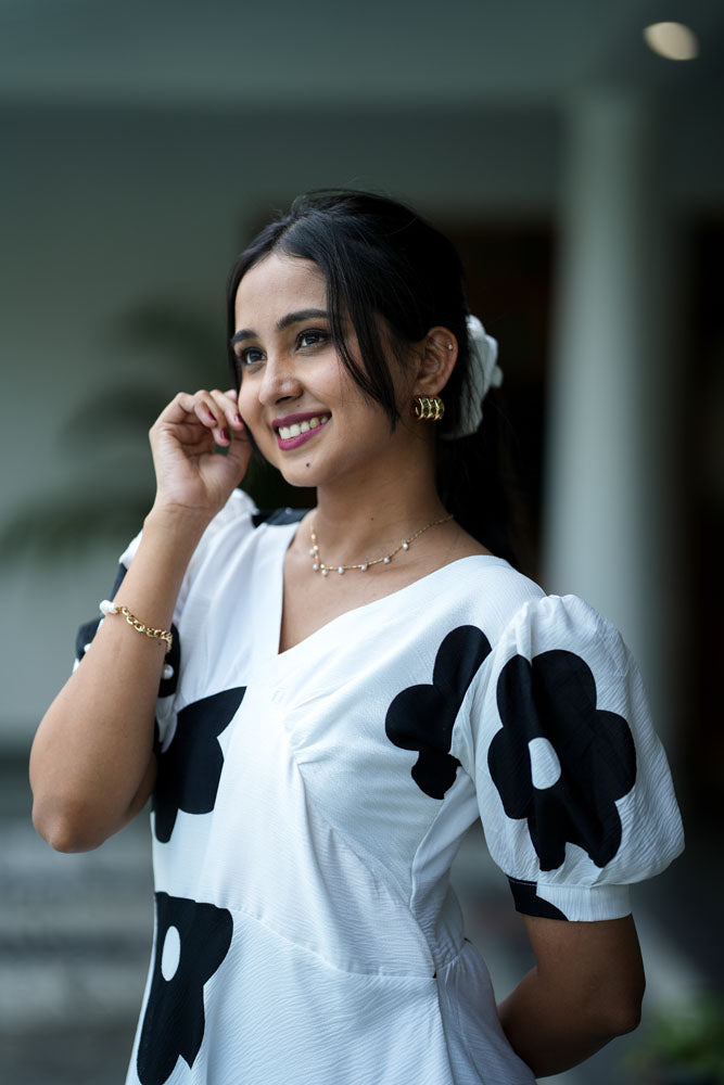 White With Black Floral Dress