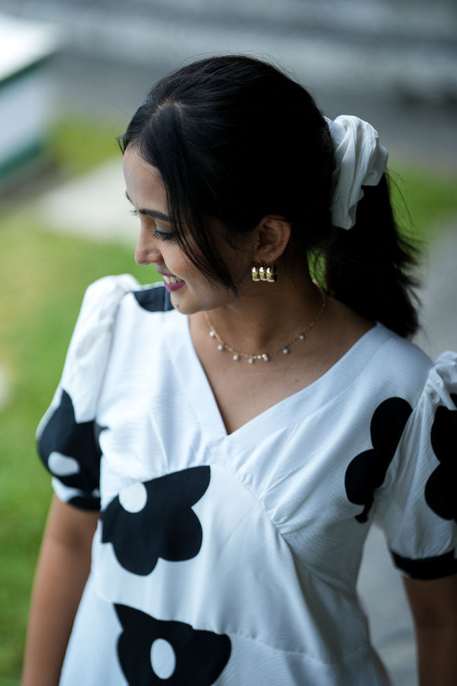 White With Black Floral Dress