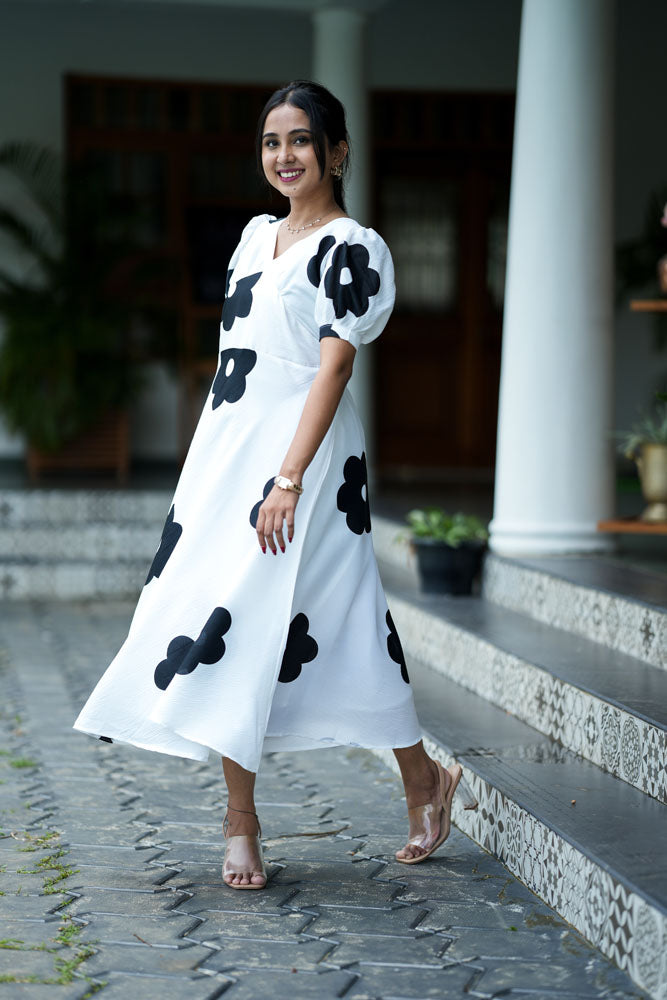 White With Black Floral Dress