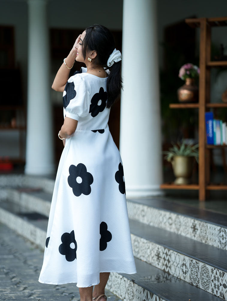 White With Black Floral Dress