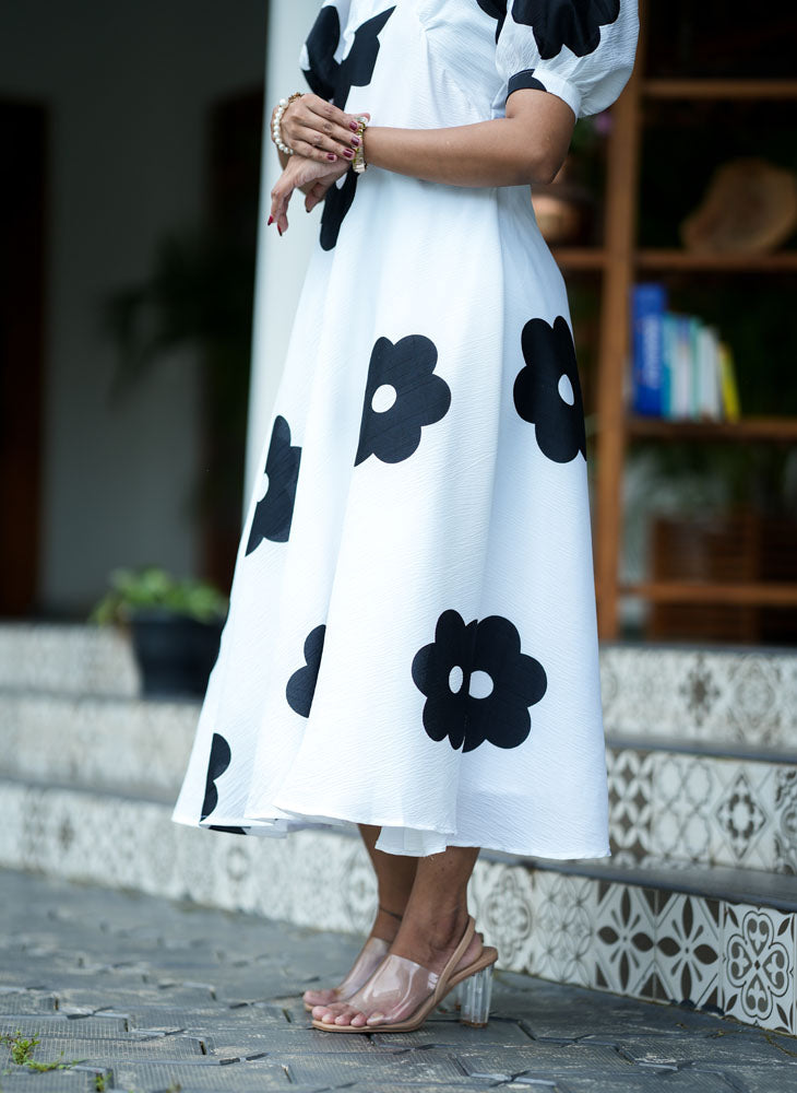 White With Black Floral Dress