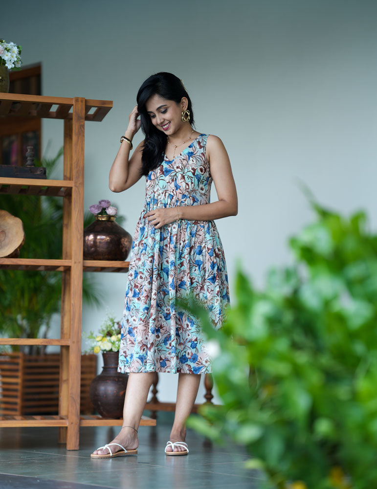 Beige Multiprint midi dress