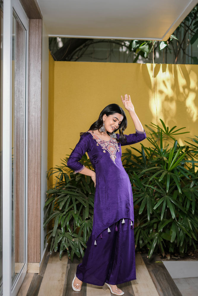 Purple Embroidered Kurta Set