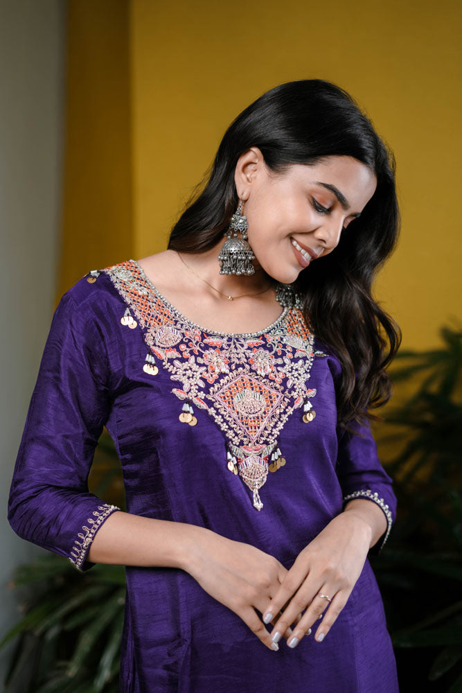 Purple Embroidered Kurta Set