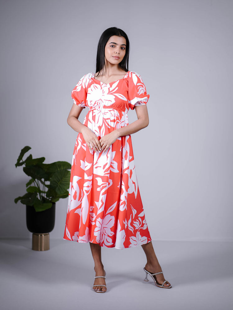 Coral Red Floral Printed Puff Sleeve Maxi Dress PSD401