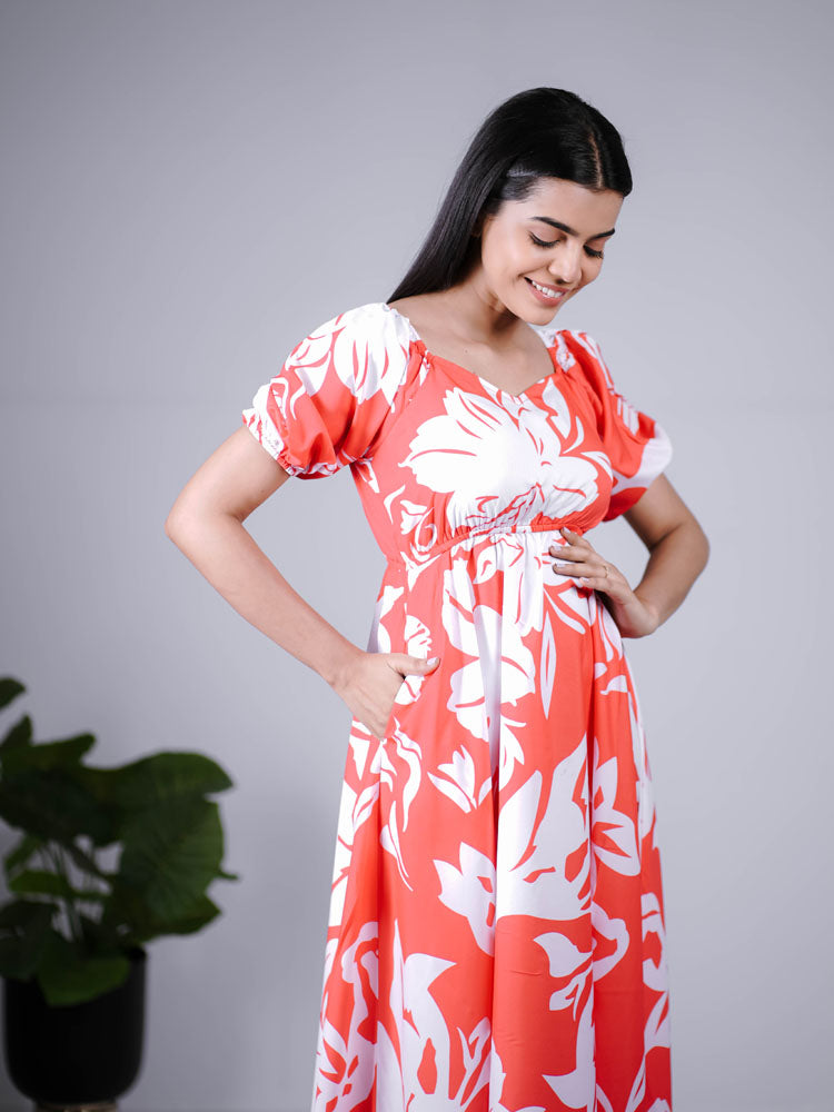 Coral Red Floral Printed Puff Sleeve Maxi Dress PSD401