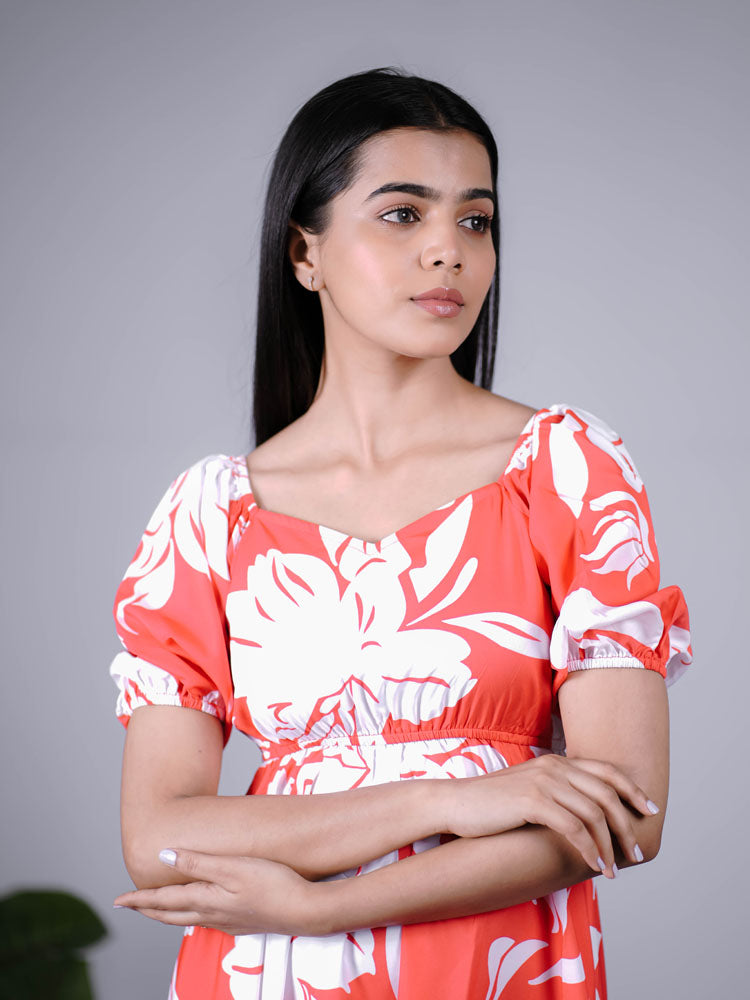 Coral Red Floral Printed Puff Sleeve Maxi Dress PSD401