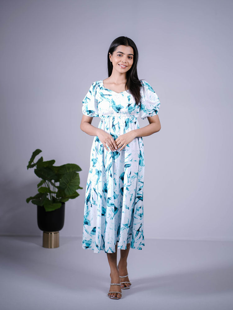 Blue Marble Print Puff Sleeve Maxi Dress PSD402