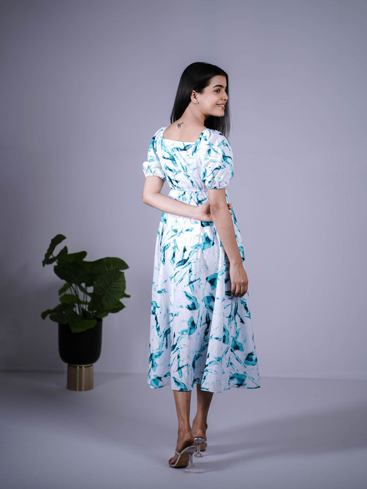 Blue Marble Print Puff Sleeve Maxi Dress PSD402