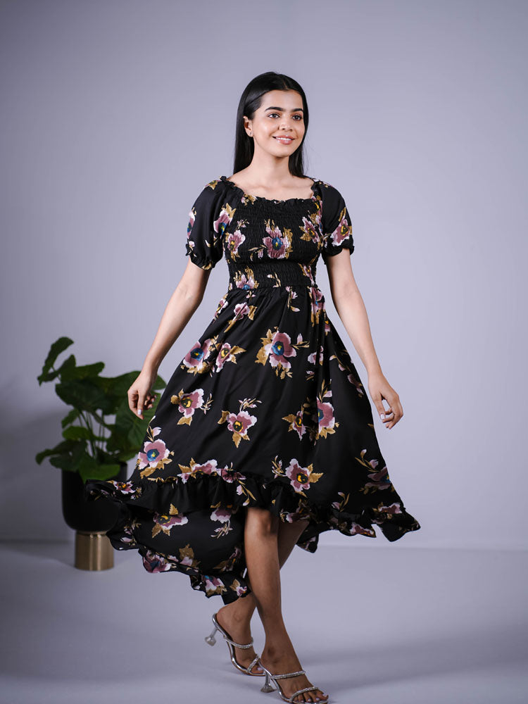 Black Floral Smocked High-Low Maxi Dress PSD403