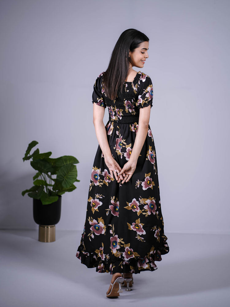Black Floral Smocked High-Low Maxi Dress PSD403