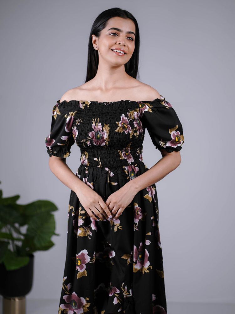 Black Floral Smocked Off-Shoulder Maxi Dress PSD403