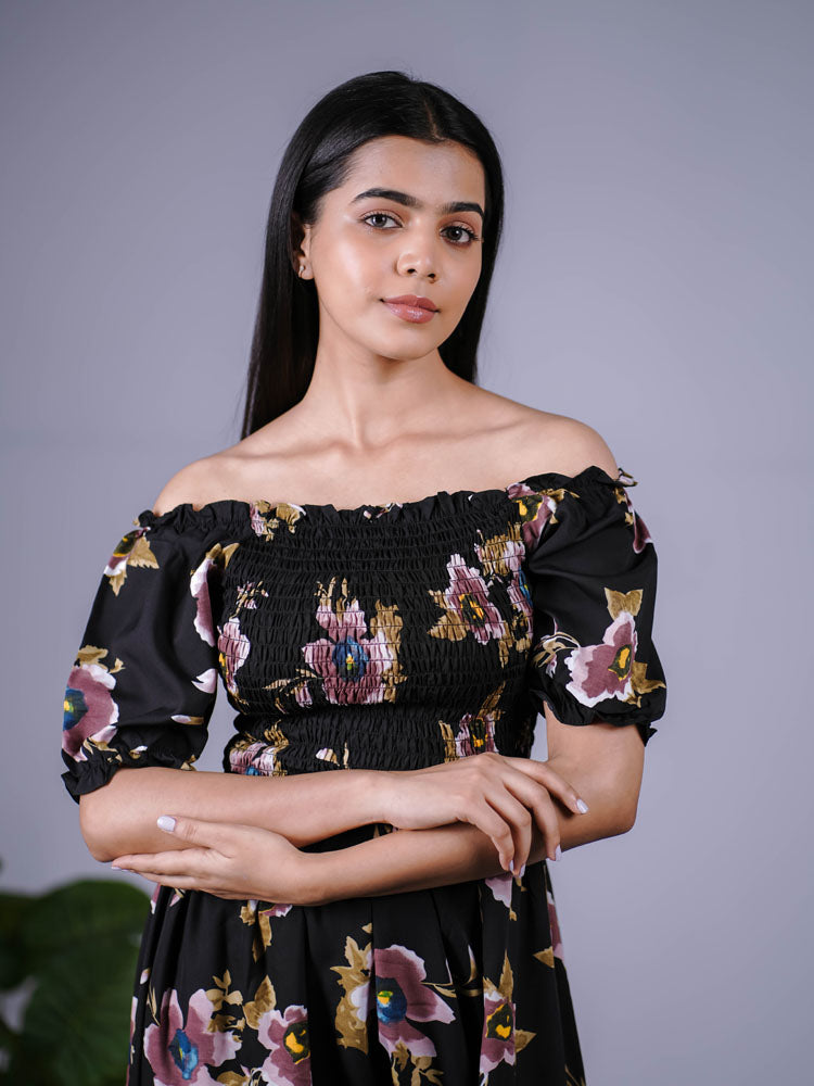 Black Floral Smocked Off-Shoulder Maxi Dress PSD403