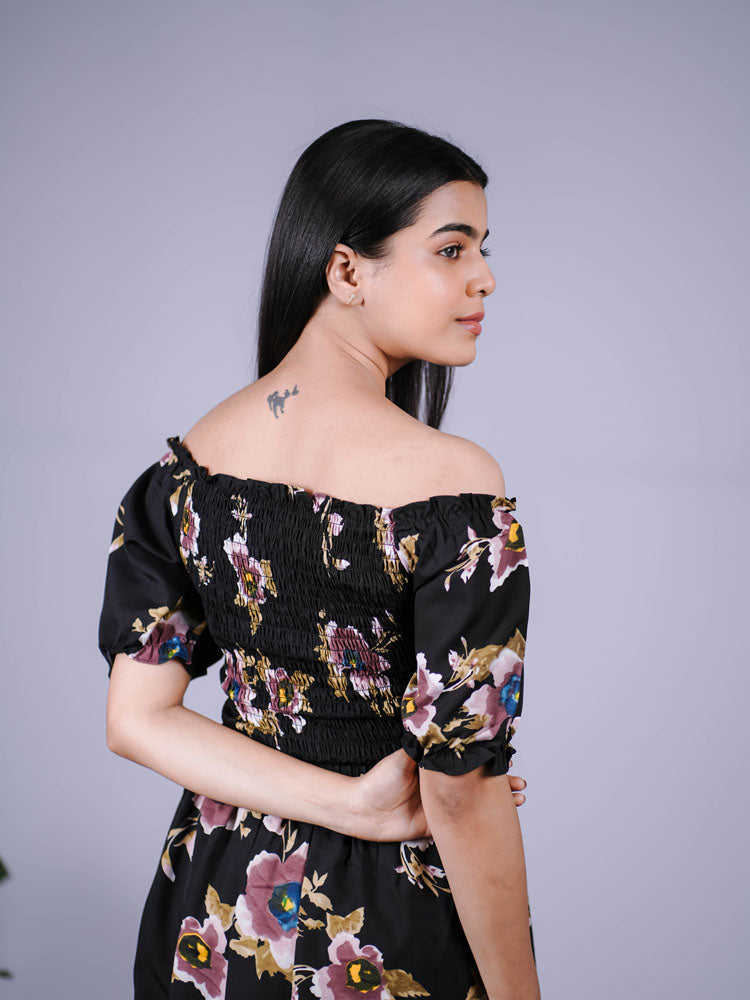 Black Floral Smocked Off-Shoulder Maxi Dress PSD403