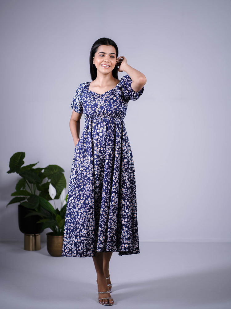 Navy Blue Floral Puff Sleeve Maxi Dress PSD404