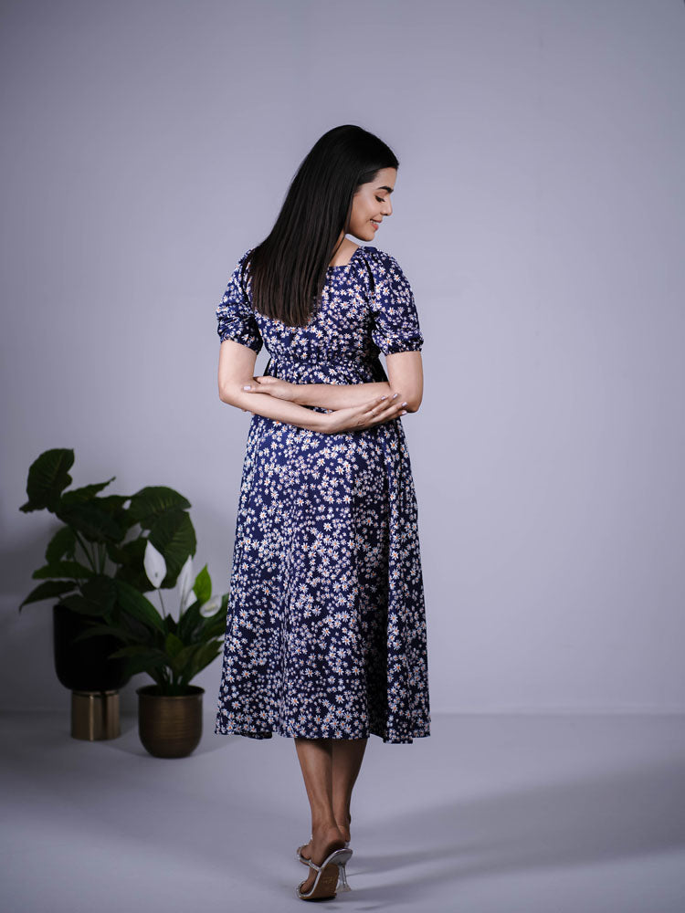 Navy Blue Floral Puff Sleeve Maxi Dress PSD404