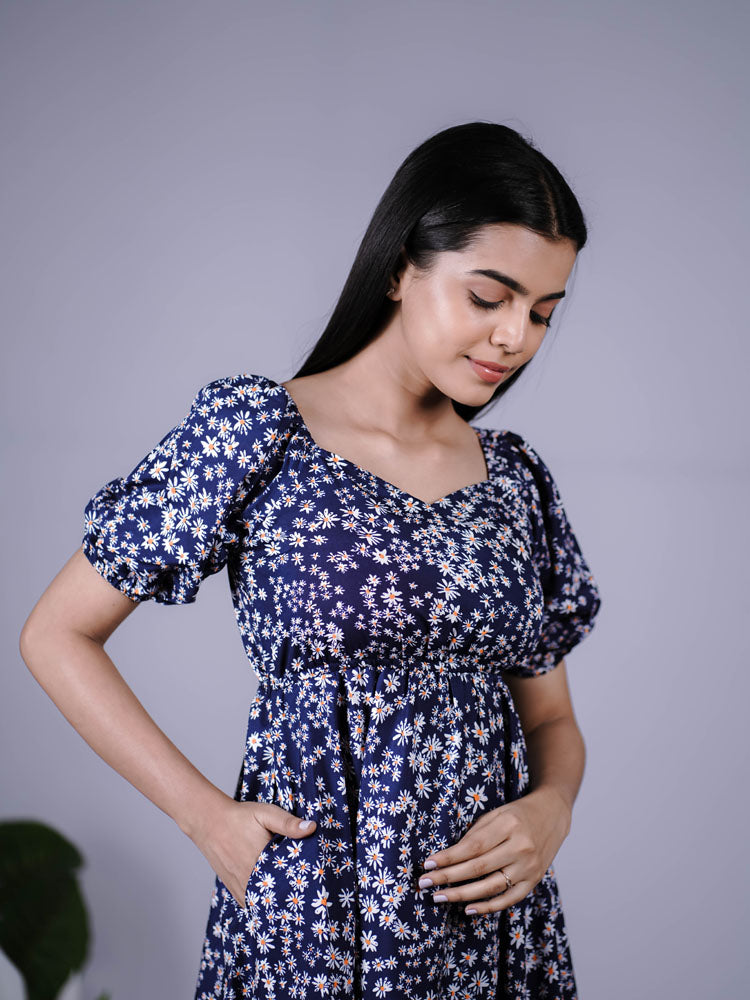 Navy Blue Floral Puff Sleeve Maxi Dress PSD404