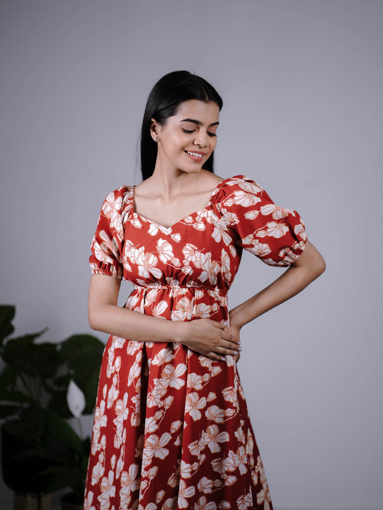 Rust Red with Beige Maxi Dress PSD405
