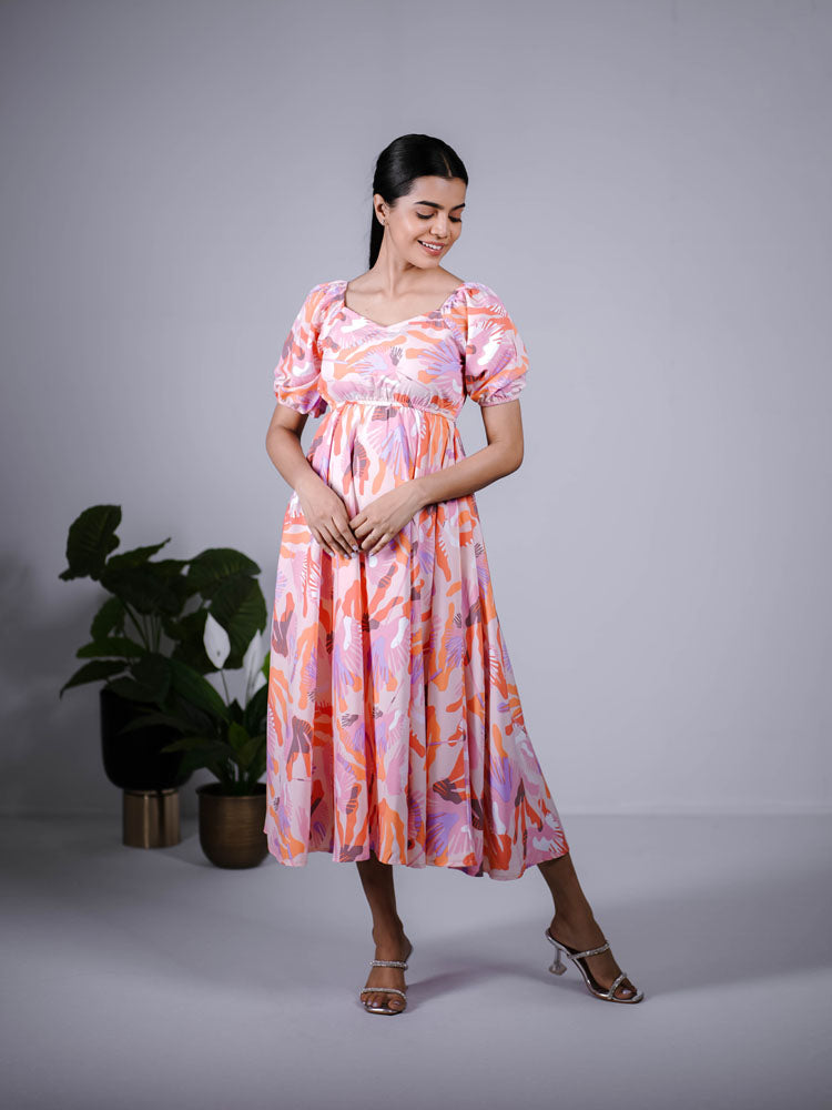 Peach Pink Abstract Puff Sleeve Maxi Dress PSD408