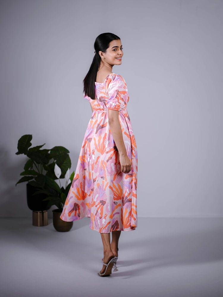 Peach Pink Abstract Puff Sleeve Maxi Dress PSD408