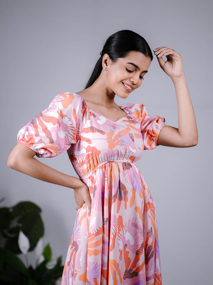 Peach Pink Abstract Puff Sleeve Maxi Dress PSD408