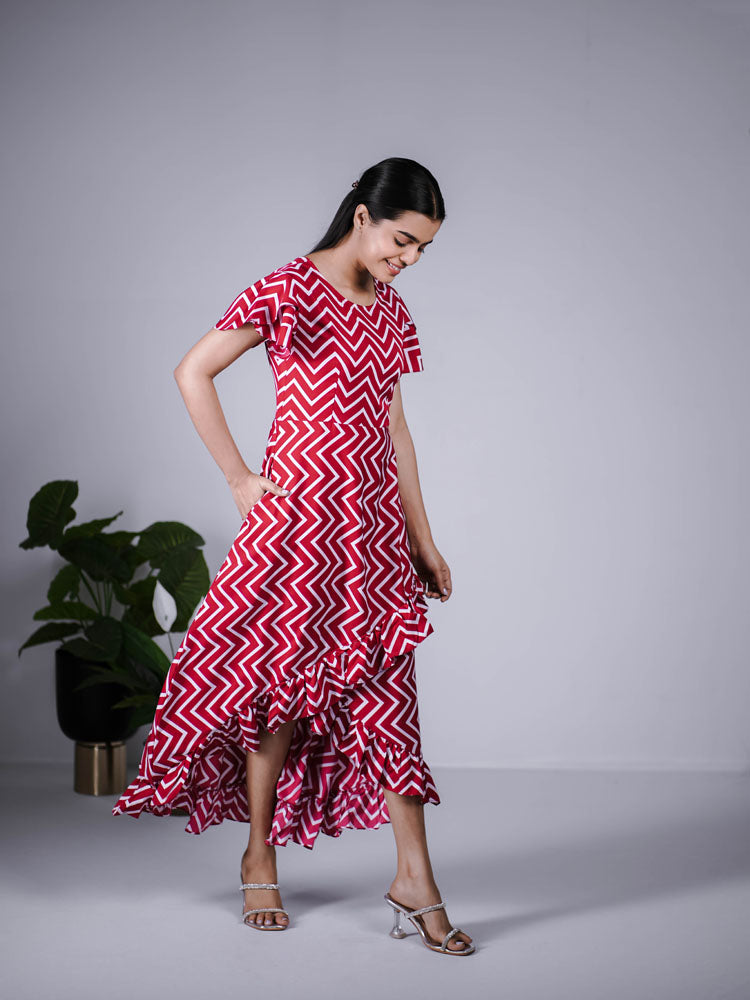 Red White Ruffle High-Low Dress PSD406