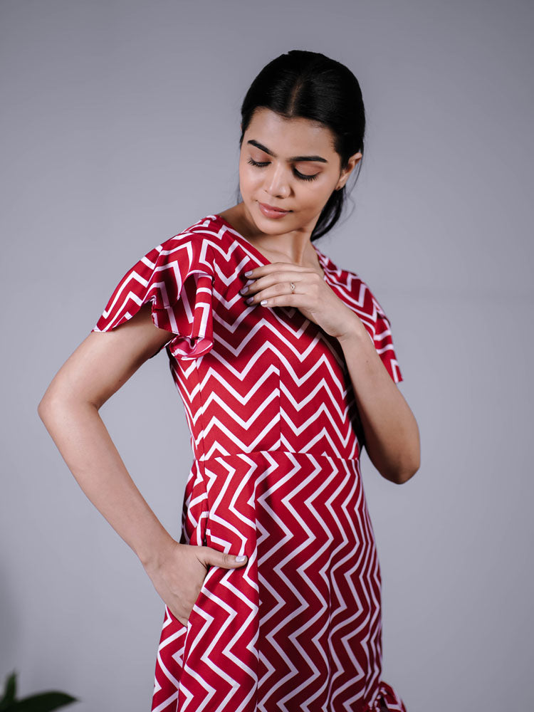 Red White Ruffle High-Low Dress PSD406