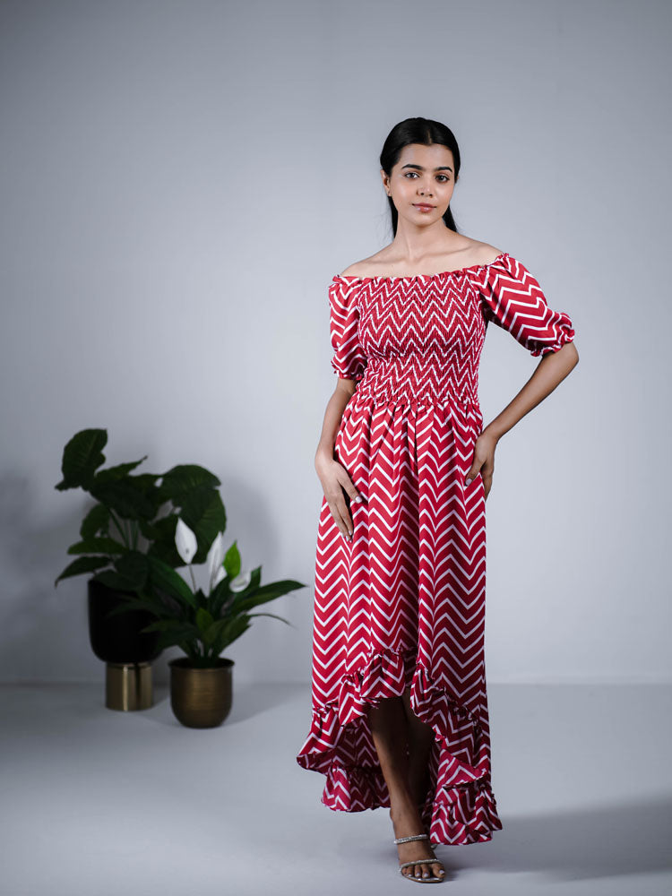Red and White Off-Shoulder Maxi Dress PSD407