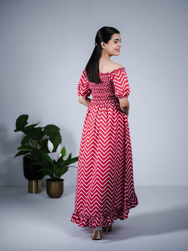 Red and White Off-Shoulder Maxi Dress PSD407