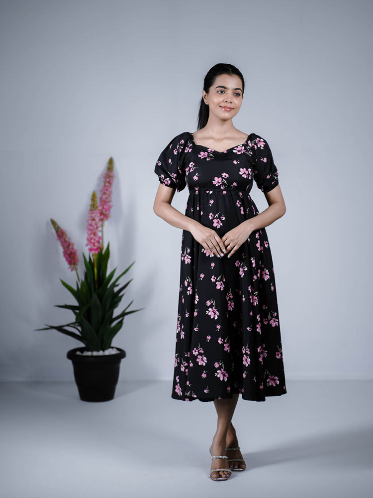 Black with Pink Floral Puff Sleeve Maxi Dress PSD408
